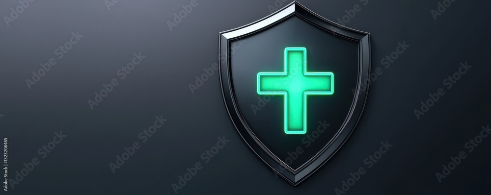 Obraz premium A sleek, modern shield icon featuring a green cross, symbolizing protection and faith in a dark background.