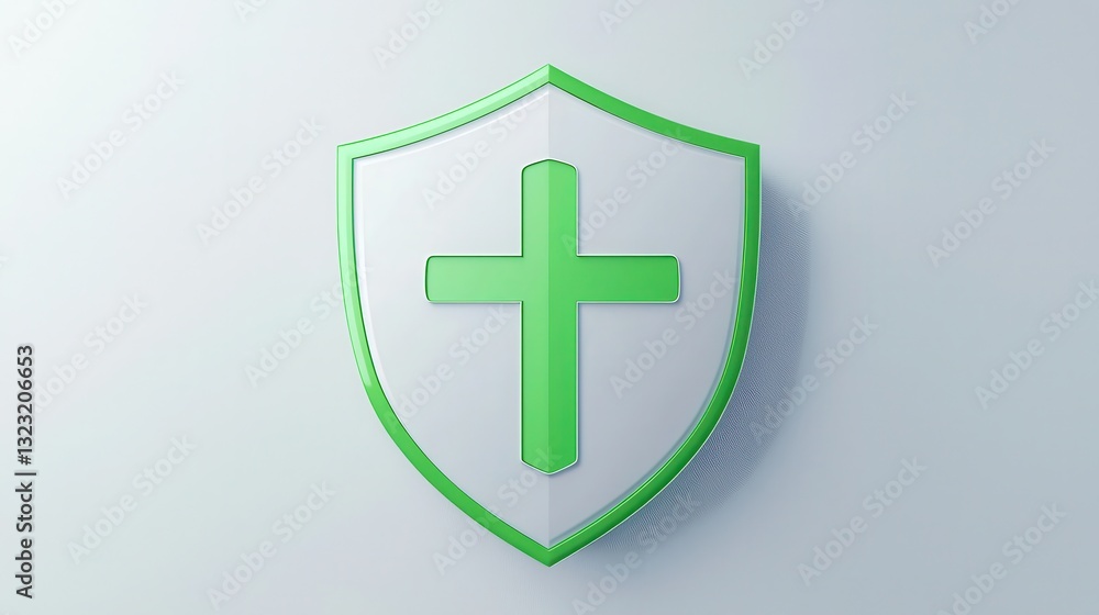 Fototapeta premium A green shield featuring a white cross, symbolizing protection and faith, set against a light background.