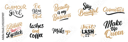 Big collection of Make up text lettering in gold and black color. Hand drawn vector art.