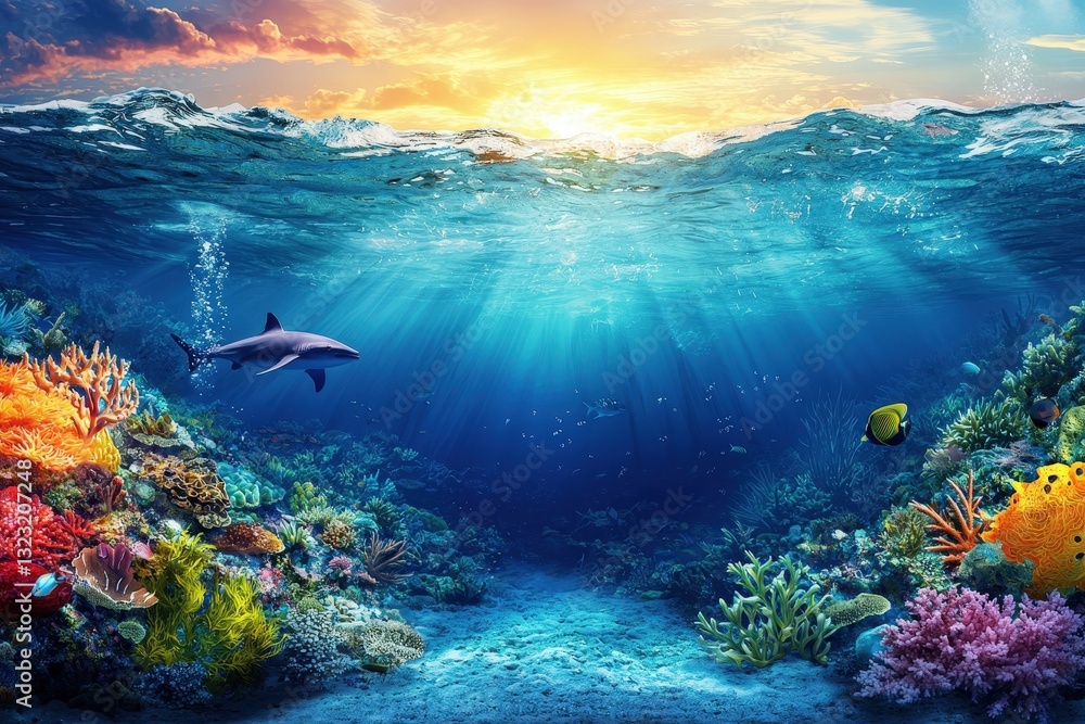 Fototapeta premium Marine landscape with underwater view nature scenic sea