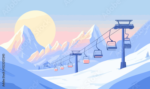 Minimalist Winter Ski Resort Landscape with Snowy Mountain Peaks and Ski Lifts Vector