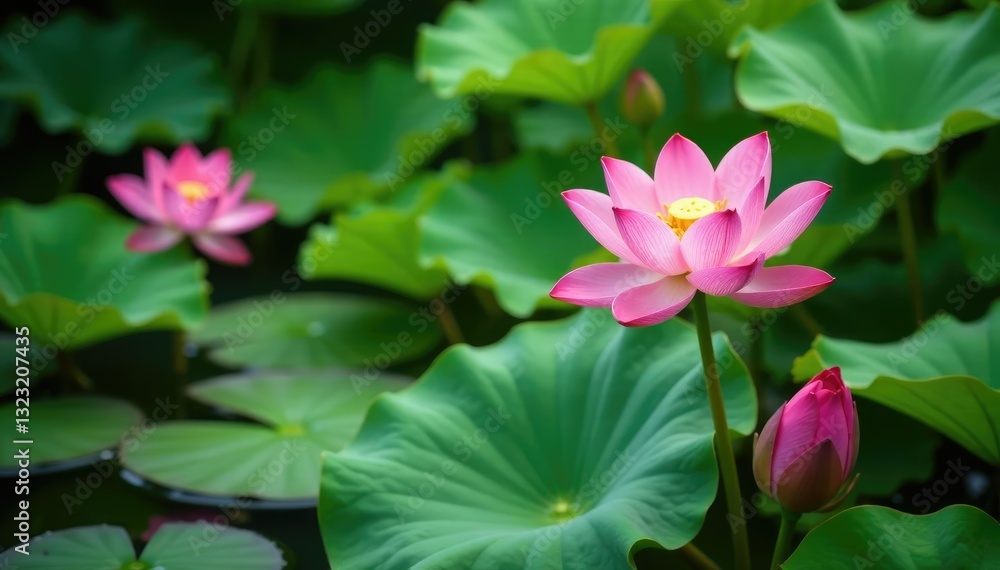 Delicate green leaves and colorful lotus flowers in the water, garden, water Delicate green leaves and colorful lotus flowers in the water, garden, water