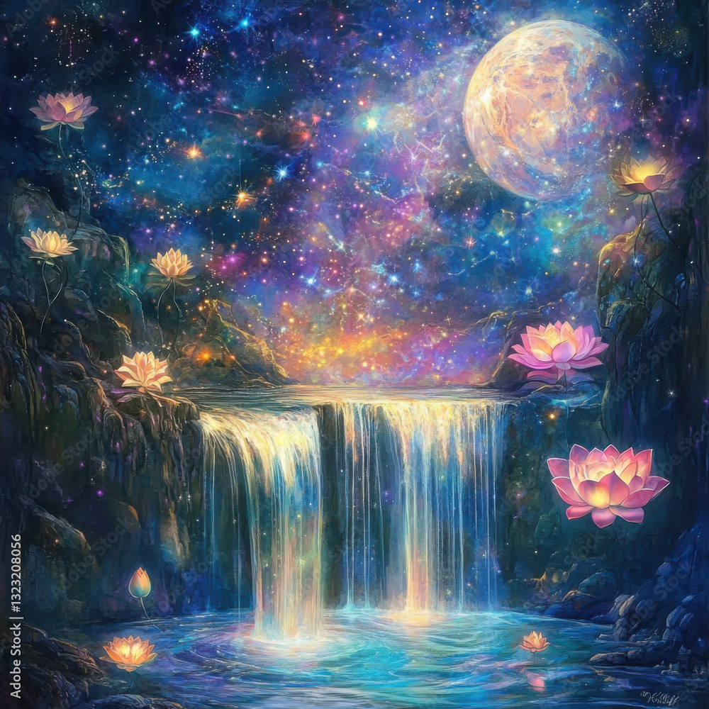 A surreal fantasy scene of floating lotus flowers A surreal fantasy scene of floating lotus flowers