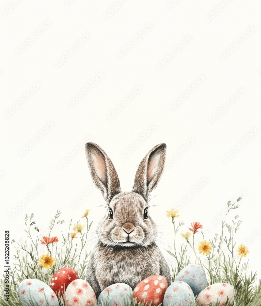 Obraz premium Easter Bunny in the Garden: An adorable Easter bunny surrounded by decorated eggs, and delicate wildflowers, creating a whimsical springtime scene.