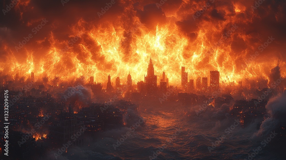 Gigantic tsunami is approaching the city, flashover city cataclysm landscape panorama Gigantic tsunami is approaching the city, flashover city cataclysm landscape panorama