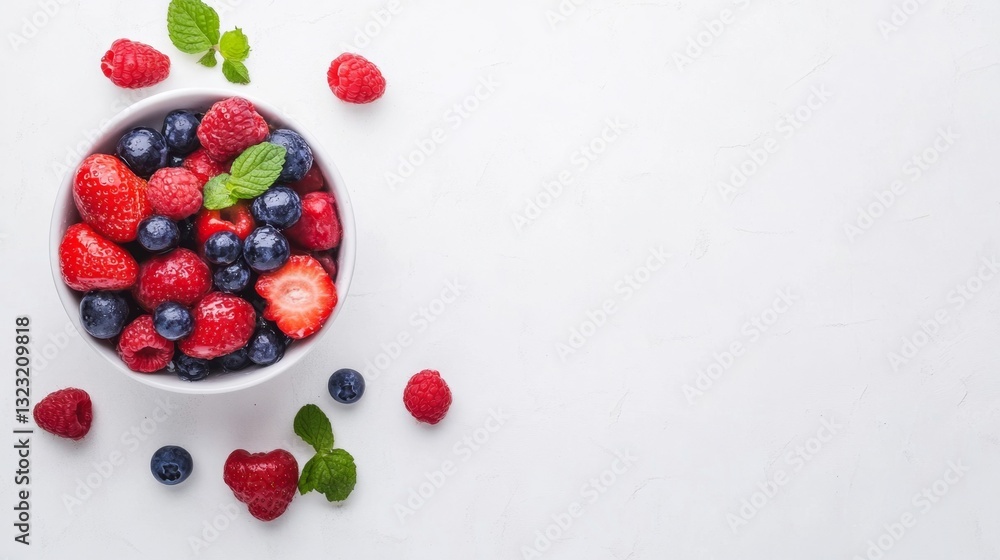 Fresh Healthy Berries in White Bowl with Mint Leaves on Counter Fresh Healthy Berries in White Bowl with Mint Leaves on Counter