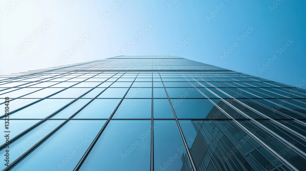 Low-angle perspective of corporate skyscraper with clear sky Low-angle perspective of corporate skyscraper with clear sky