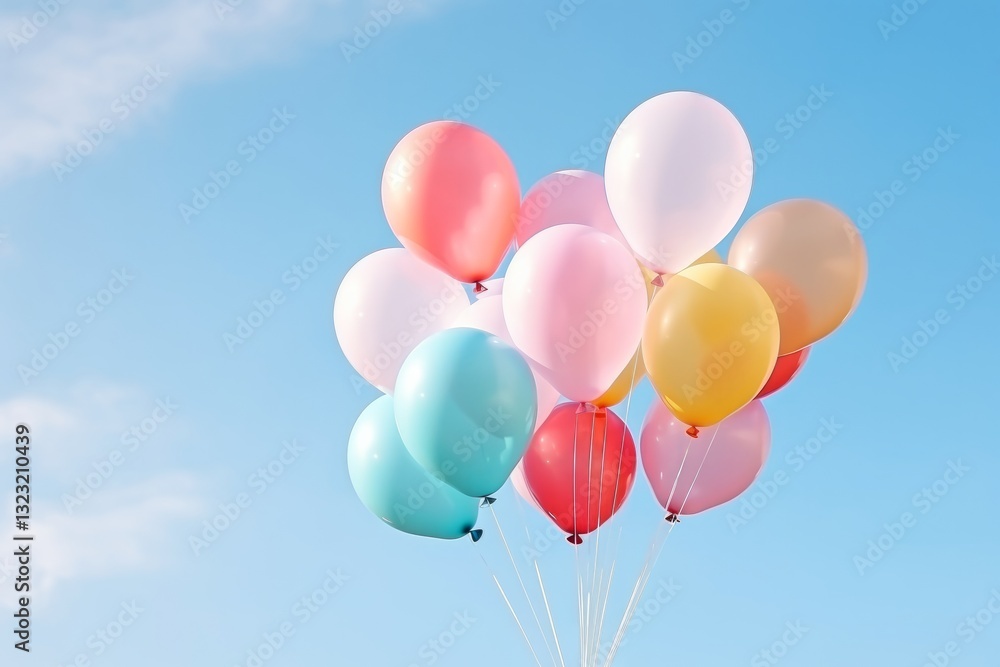 A bunch of multicolored balloons with helium on a blue sky background A bunch of multicolored balloons with helium on a blue sky background