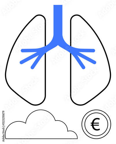 Outlined lungs with blue airways, a cloud illustration, and a euro sign indicating the cost of lung health and environmental factors. Ideal for healthcare, ecology, finance, pollution, climate