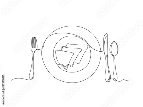 Abstract breakfast rolled pancakes on a plate, continuous single one line art hand drawing sketch logo