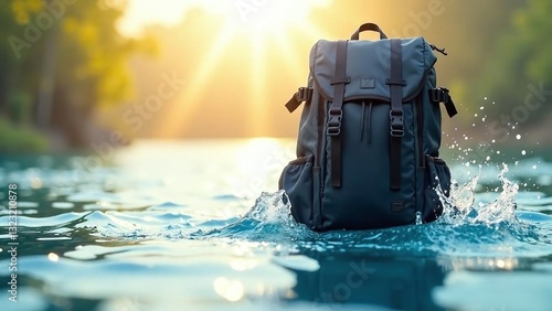 A backpack falls into water, showing the idea of ​​waterproof fabric