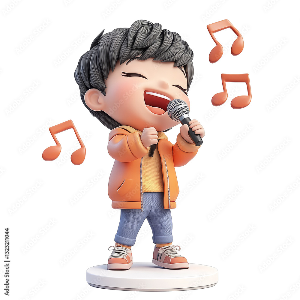A cheerful child singing into a microphone, surrounded by musical notes.