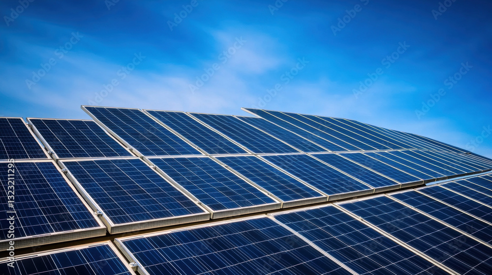 Solar panels arrayed against a clear blue sky illustrating the future of sustainable energy and eco-friendly solutions Solar panels arrayed against a clear blue sky illustrating the future of sustainable energy and eco-friendly solutions