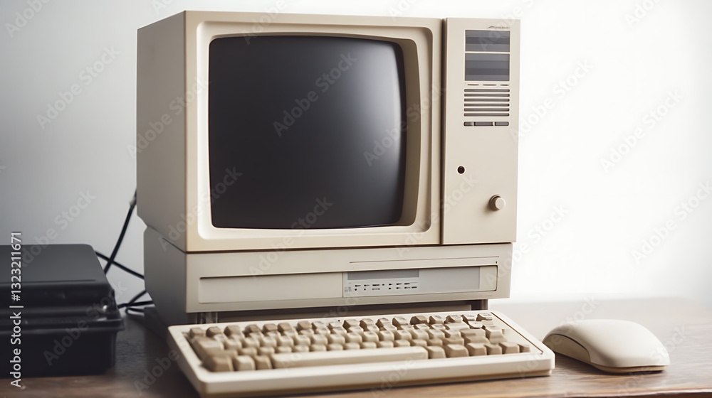 Retro Computer pc and laptop on a table in an office setting on white background Retro Computer pc and laptop on a table in an office setting on white background