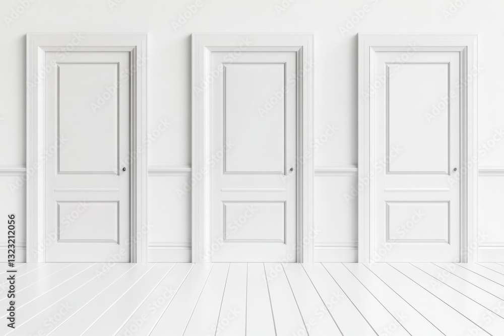Mockup showcasing four white vertical frames on a pristine white floor in a contemporary setting Mockup showcasing four white vertical frames on a pristine white floor in a contemporary setting