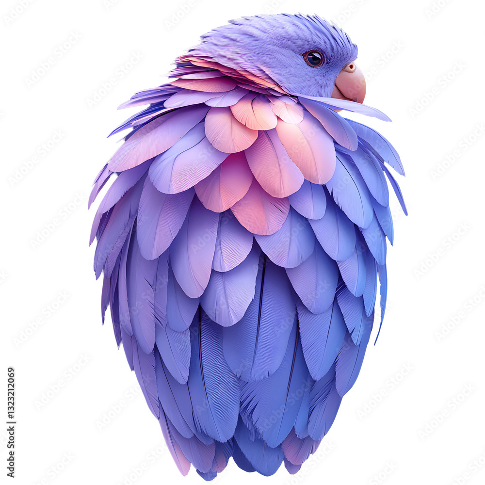 Obraz premium Whimsical stylized bird with soft feathers, shades of violet plus whimsical avian illustration, feather detail with png transparent background