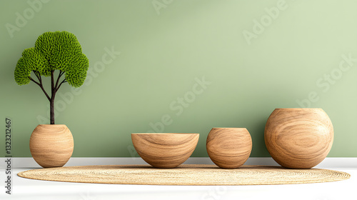 Eco-friendly home decor sustainable wooden bowls and tree minimalist living room green vibes photo