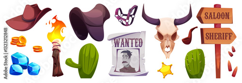 Wild West cowboy cartoon elements set - wanted poster and sheriff star badge, cactus and wooden saloon signboard, bull skull with horns, hat and smoking pipe, horse saddle and bridle, flaming torch.