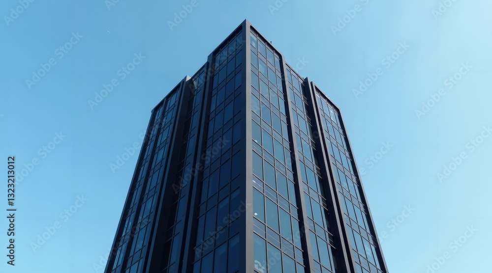 Clear Blue Sky With Tall Obsidian Skyscrapers Minimalist Architecture Sleek Glass Buildings Modern Urban Design. Clear Blue Sky With Tall Obsidian Skyscrapers Minimalist Architecture Sleek Glass Buildings Modern Urban Design.