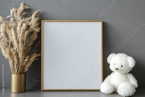 Elegant vertical gold frame with empty white canvas against smooth gray backdrop