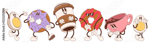 Groovy breakfast characters set - retro cartoon vector egg, coffee ceramic and paper cup, donuts with glazing. Funky vintage food mascots collection with cute 70s vibes. Quirky morning meal pack.