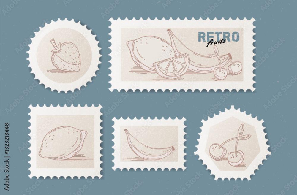 Retro fruit stickers with line art illustration - strawberry, lemon, banana, cherry on postage stamp frames for product packaging design, organic food label. Vintage hand drawn produce sketch set.