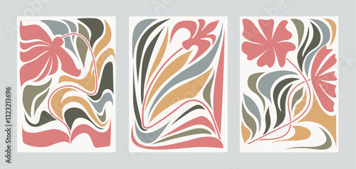 Abstract botanical trendy art prints set with fluid organic shapes, wavy lines in retro colors. Minimalist mid century modern design, boho doodle floral elements. Hand drawn vector illustration poster