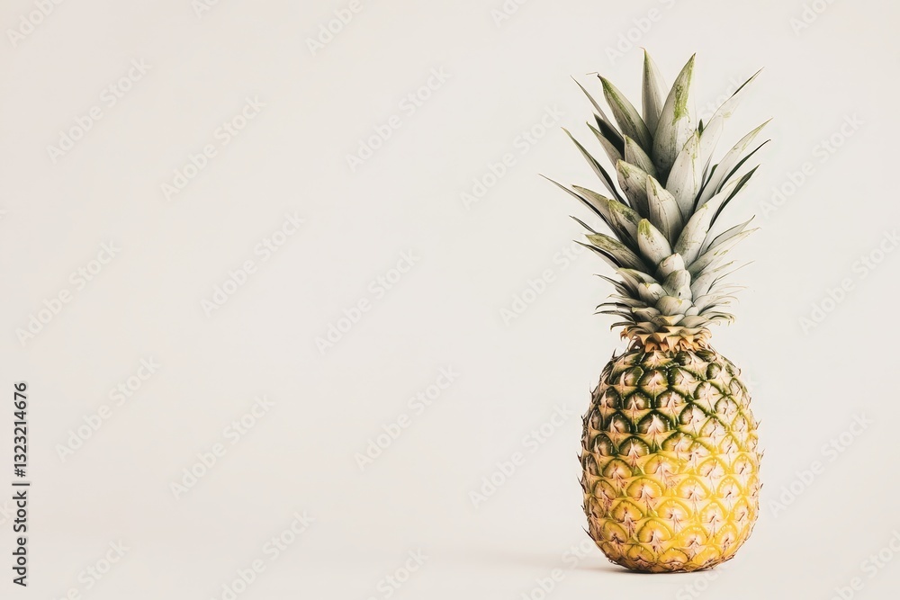 A single ripe pineapple stands tall against a neutral background A single ripe pineapple stands tall against a neutral background