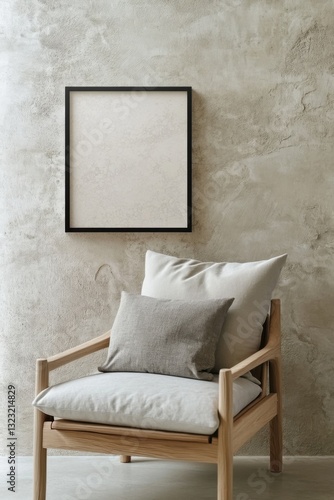 Minimal picture frame and cozy chair against a textured wall for a serene interior ambiance