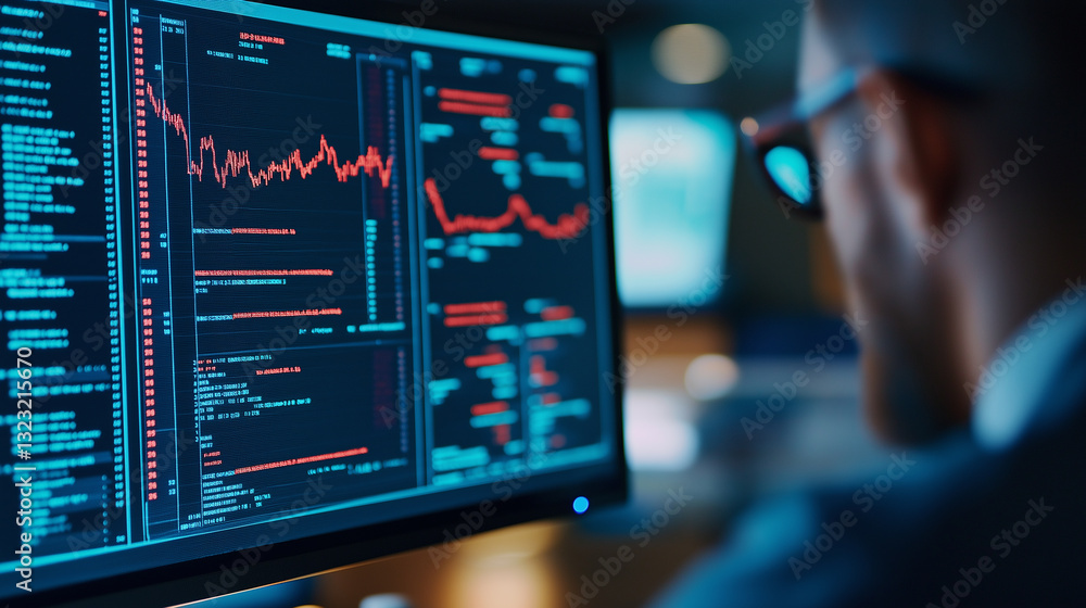 A person analyzing data on multiple screens in a dark office, with graphs and numbers displaying on the monitors. A person analyzing data on multiple screens in a dark office, with graphs and numbers displaying on the monitors.