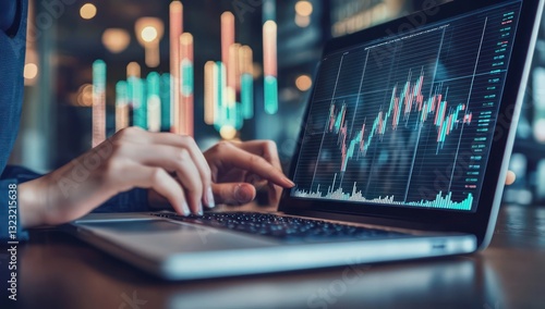 Financial analytics and stock trends explored by investor on laptop.