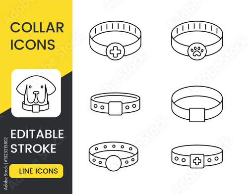 A collection of pet collar icons featuring various styles of collars for dogs and cats. The set includes designs with medical crosses, with an editable stroke.