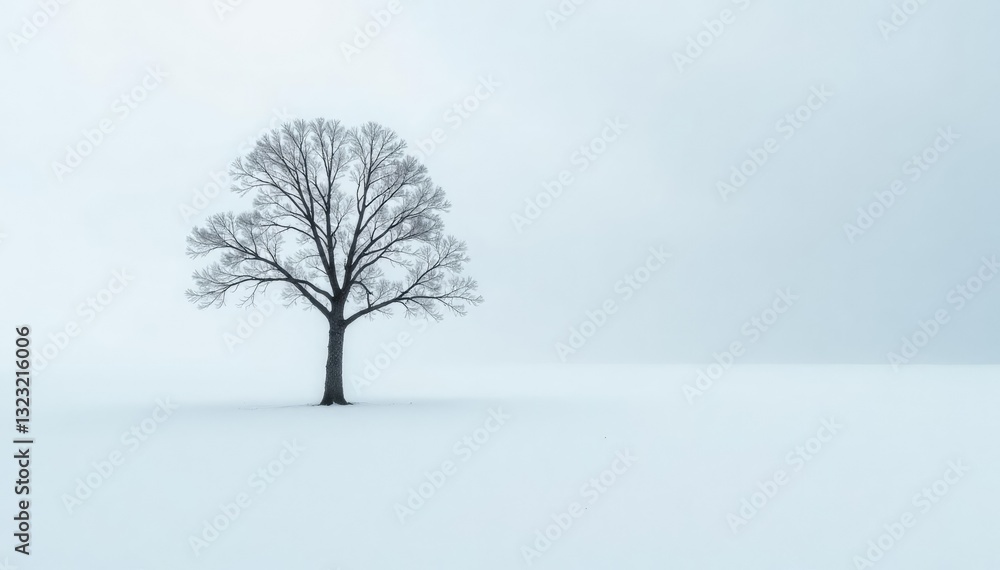 Fototapeta premium Solitary tree on a snow-covered white background, frozen lake, isolated, solitude