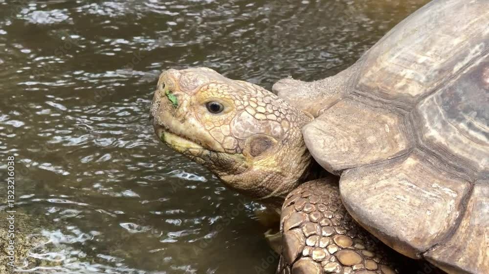 The fully glowing Sulcata turtles are relaxing near the pool in the zoo. The fully glowing Sulcata turtles are relaxing near the pool in the zoo.