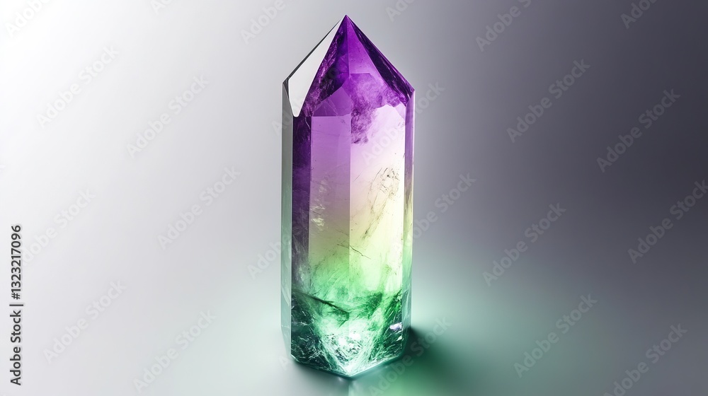 Minimalist crystal shape, softly glowing with violet and green gradients, set in an abstract, peaceful space. Minimalist crystal shape, softly glowing with violet and green gradients, set in an abstract, peaceful space.