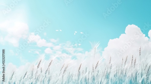 A breezy spring wheat field swaying under a blue sky, softly blurred in the center for text. 
