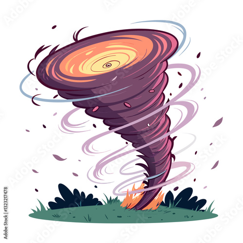 One big cartoon tornado with spiral twists, dust and stones, illustration of dangerous natural phenomenon, isolated