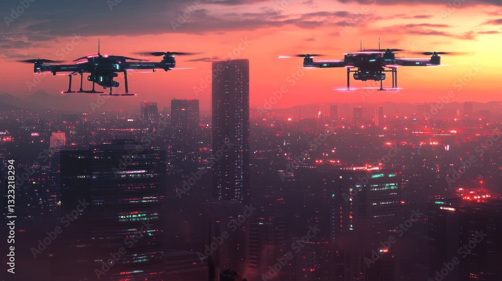 Futuristic cityscape surveillance with patrolling drones at dusk, ensuring public safety Futuristic cityscape surveillance with patrolling drones at dusk, ensuring public safety