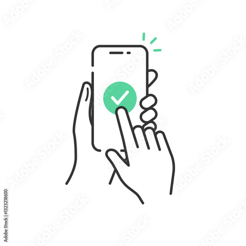 手に持ったスマホとチェックマーク完了のベクターアイコン(線画・フラット)
