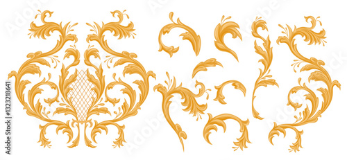 Vector set of golden vintage floral elements. Luxury collection of floral flourish isolated from background. Baroque filigree floral cliparts for cards and stickers