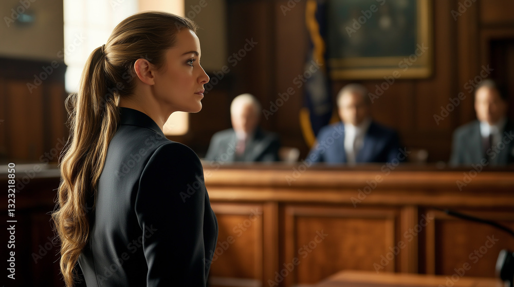 A confident woman standing in a courtroom, facing a panel of judges, with a focused expression. A confident woman standing in a courtroom, facing a panel of judges, with a focused expression.