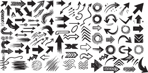 Arrow brush line chalk sketch texture brush vector set. Crayon marker scribble sketch stroke arrow element line brush hand drawn design. Texture abstract chalk, crayon style. Vector illustration