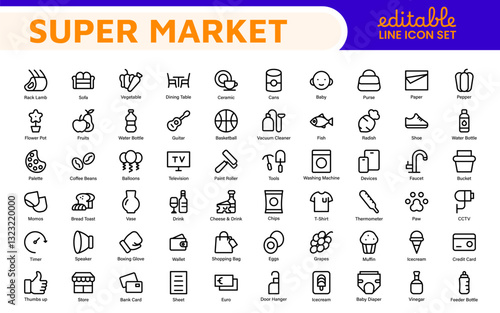 Supermarket Store Icon Collection. Modern Grocery Symbols for UI and Branding