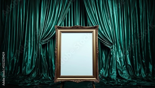 A minimalist mockup featuring an empty gold-framed canvas leaning against a curtain backdrop, ready for artwork or branding