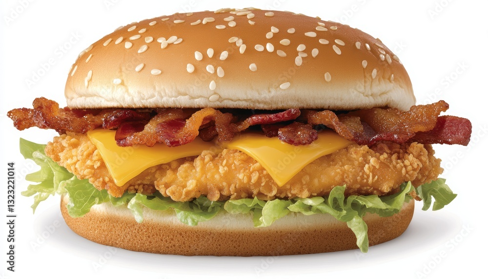 A mouthwatering crispy chicken burger with melted cheddar cheese, fresh lettuce, and crispy bacon, served on a toasted sesame seed bun A mouthwatering crispy chicken burger with melted cheddar cheese, fresh lettuce, and crispy bacon, served on a toasted sesame seed bun