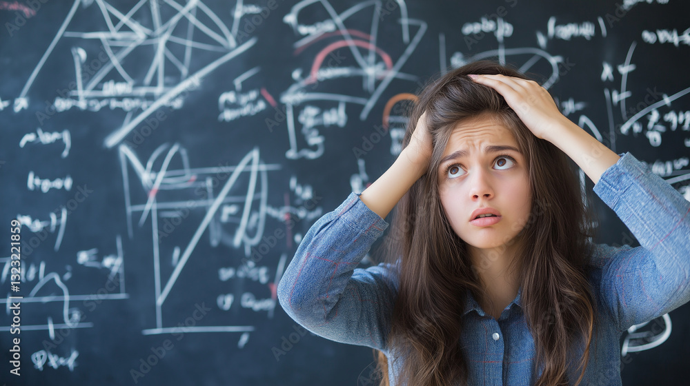 A stressed young girl holding her head in front of a chalkboard filled with complex mathematical equations. A stressed young girl holding her head in front of a chalkboard filled with complex mathematical equations.