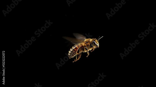 Extreme closeup of a flying bee on black background, slow motion, flying insect with details