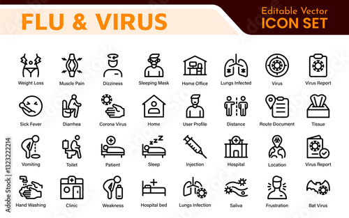 Flu & Virus Icon Set. An essential collection of icons designed to promote health awareness, perfect for enhancing medical materials, educational content, and public health campaigns.