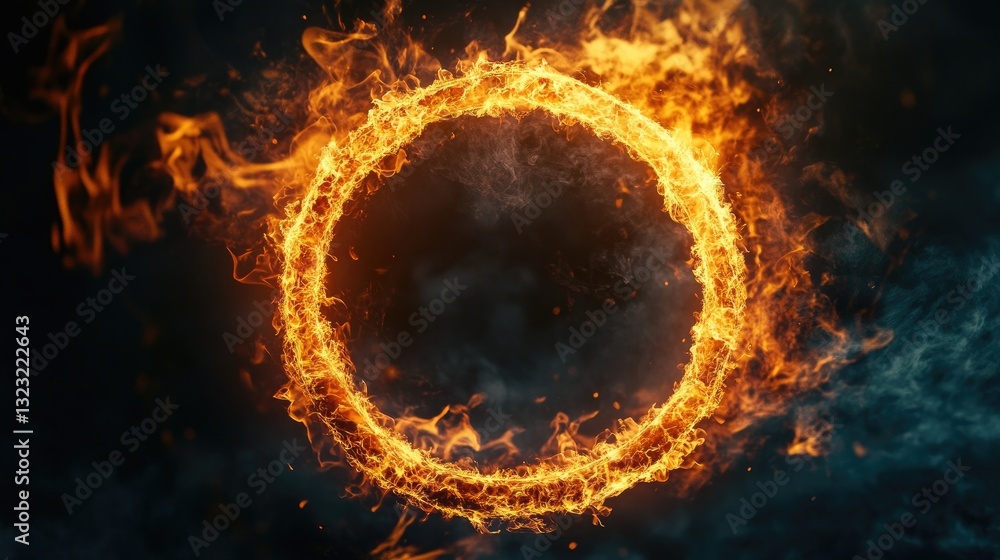 Fototapeta premium Fiery Circular Ring of Flames with Intense Orange and Yellow Glow Against a Dark Background
