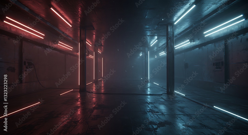 Naklejka premium Neon Cyberpunk Corridor: Futuristic Red and Blue Glowing Lights in a Dark, Foggy Industrial Setting